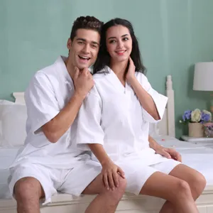 Unisex Cotton Waffle Weave Bathrobe Absorbent Sauna Suit For Couples Long Sleeve Casual Spa Robe Sleepwear