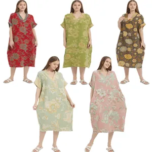 Damen Nachthemd Aus Reiner Baumwolle Doppellagige Gaze V-Ausschnitt Kurzarm Langes Nachtkleid Blumiger Jacquard Hauskleid