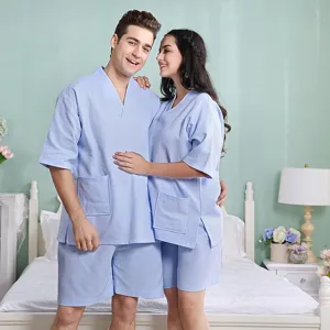 Couple cotton waffle loungewear set with short sleeves and shorts for casual home wear.