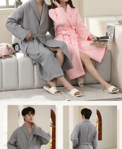 Detailed view of couple waffle knit bathrobe, comfortable cotton sleepwear for hotel and home.