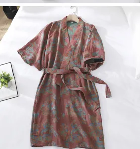 Pure cotton floral print bathrobe for women, comfortable sleepwear for home and hotel spa use.