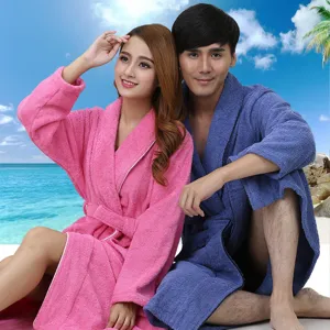 Comfortable cotton couple bathrobes in pink and blue, perfect for hotel or home daily wear.