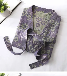 Cotton double gauze floral bathrobe detail, soft absorbent sleepwear with belt for women.