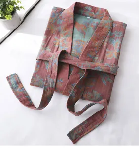 Cotton gauze bathrobe for women, soft floral print kimono sleepwear with belt detail.