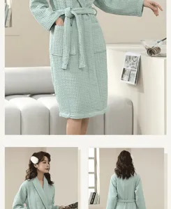 Comfortable waffle cotton bathrobe in light green for couples, soft and absorbent sleepwear.