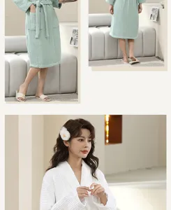 Comfortable cotton waffle knit bathrobe for men and women, absorbent hotel sleepwear.
