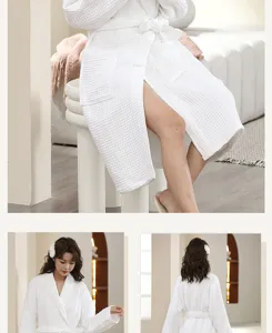 White waffle cotton bathrobe detail, soft absorbent fabric, comfortable hotel spa sleepwear.