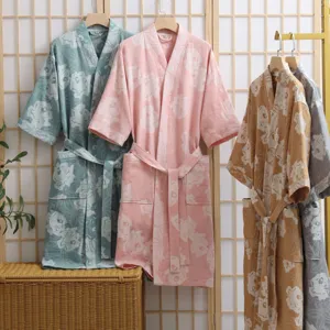 Women's 100% Cotton Double Layer Gauze Robe Floral Print V-Neck Bathrobe With Belt Absorbent Quick Dry Loungewear