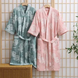 Pure cotton double gauze women kimono bathrobe spring summer soft breathable sleepwear yukata