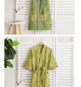 Spring summer cotton double layer gauze bathrobe couple sleepwear floral loungewear green robe