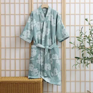 Pure cotton double gauze women's bathrobe, light green floral lounge robe with belt and pockets.