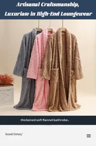 Thicken soft flannel bathrobe couples long loungewear warm winter cozy sleepwear bath robe