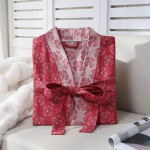 Double gauze cotton floral bathrobe for women, comfortable sleepwear lounge robe with belt.