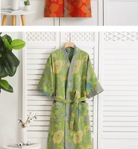 Double layer cotton gauze bathrobe detail, vintage floral print lounge wear, breathable kimono sleeprobe.