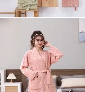 Women cotton gauze bathrobe winter cozy sleepwear soft absorbent lounge robe nightwear