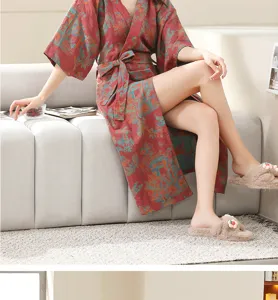 Double layer cotton gauze bathrobe detail view, lightweight summer sleepwear, breathable lounge wear.