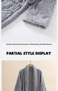 Gray flannel fleece bathrobe thick warm couple sleepwear detail view winter cozy robe