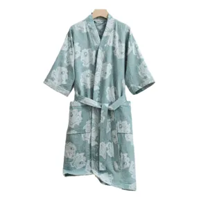 Pure cotton double gauze women bathrobe floral print sleepwear summer home lounge robe yukata