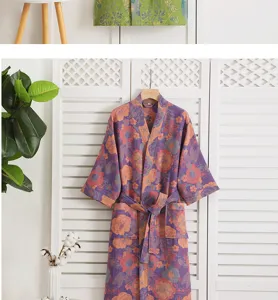 Women cotton double gauze bathrobe floral print long sleeve sleepwear loungewear housecoat
