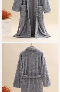 Grey flannel long bathrobe for couples, thick coral fleece winter sleepwear with belt.