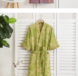 Green cotton gauze floral bathrobe, lightweight long sleepwear for comfortable daily use.