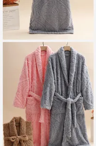 Plush flannel bathrobes for men and women, thick cozy coral fleece winter sleepwear loungewear.
