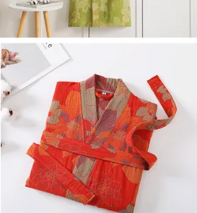 Detail shot of the floral double-layer gauze bathrobe with matching belt and M size tag.