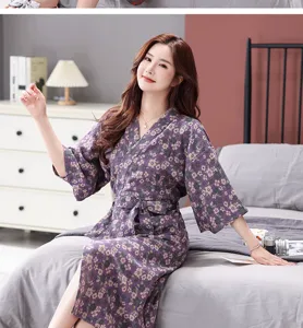 Cotton Double Gauze Bathrobe Floral Kimono Sleepwear Casual Home Wear Soft Bath Robe Yukata