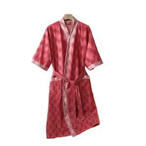 Double-layer gauze cotton red floral bathrobe with belt and pockets, comfortable sleepwear.