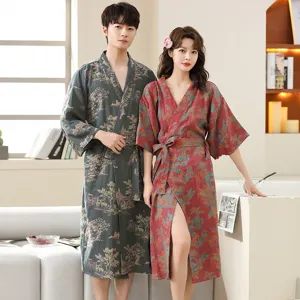 Unisex Cotton Gauze Bathrobe Soft Absorbent Quick Dry Robe Sleepwear Chinese Style Floral Print For Couples Home Wear