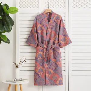 Cotton double-layer gauze bathrobe for women, vintage floral print with belt and pockets.