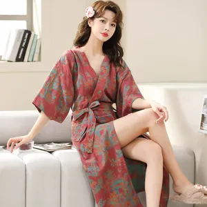 Spring summer cotton double gauze bathrobe, comfortable V-neck sleepwear lounger for women.