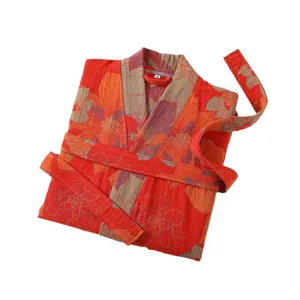 Spring summer thin pure cotton double layer gauze bathrobe with belt for women lougwear.