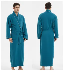 Long waffle knit cotton bathrobe for men with white piping, cozy hotel sleepwear detail view.