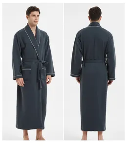 Men's long waffle cotton bathrobe in dark grey with front and back view details.