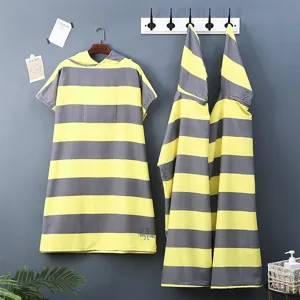 Microfiber Hooded Beach Poncho Robe Quick Dry Changing Bathrobe With Front Pocket Stripe Pattern For Adult Unisex Swimming