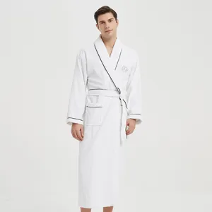 White cotton adult bathrobe with black piping, hotel style sleepwear for men and women.