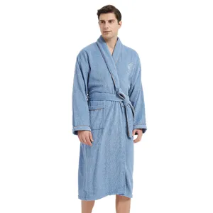 Men's cotton bathrobe luxury hotel sleepwear soft absorbent long sleeve bathrobe with belt blue