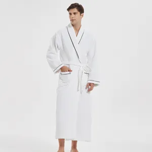 Premium men's white waffle bathrobe with black trim, comfortable hotel style sleepwear.