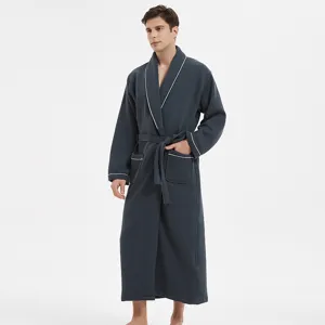 Men's dark grey waffle bathrobe with white piping, long hotel sleepwear for comfy loungewear.