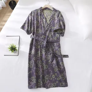 Cotton gauze floral bathrobe for women, V-neck kimono sleepwear with belt, soft and breathable.