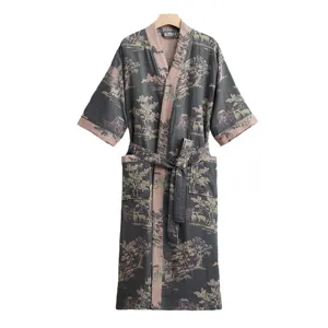 Spring summer cotton double gauze bathrobe yukata loungewear with tree and deer print