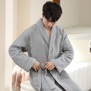 Grey waffle bathrobe for men and women, pure cotton soft absorbent hotel sleepwear.