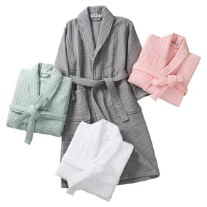Cotton waffle weave bathrobes set for men and women, cozy hotel spa sleepwear robes.