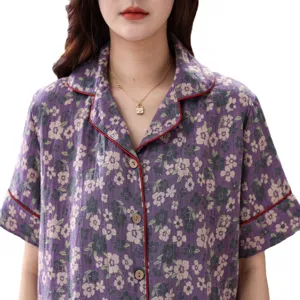 Summer pure cotton double-layer gauze short-sleeve women's floral pajama top, loose and comfy.