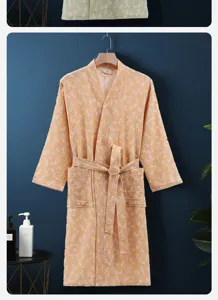 Double layer cotton gauze bathrobe with snowman print, long sleeves and belt for cozy home wear.
