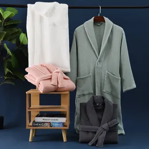 Peignoir en Pur Coton Gaufre Pour Hommes et Femmes Unisexe Absorbant Hôtel Robe de Chambre Manches Longues Vêtements de Nuit