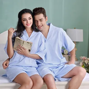 Cotton waffle couple bathrobe set, soft breathable spa sleepwear for hotel home wear.
