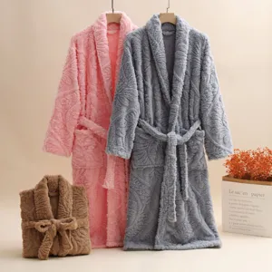 Plush coral fleece bathrobe winter couple sleepwear soft cozy long loungewear robe