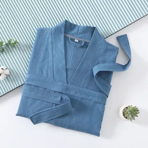 Blauer Bademantel aus reiner Baumwolle, einlagige Gaze, atmungsaktive Homewear für Paare.